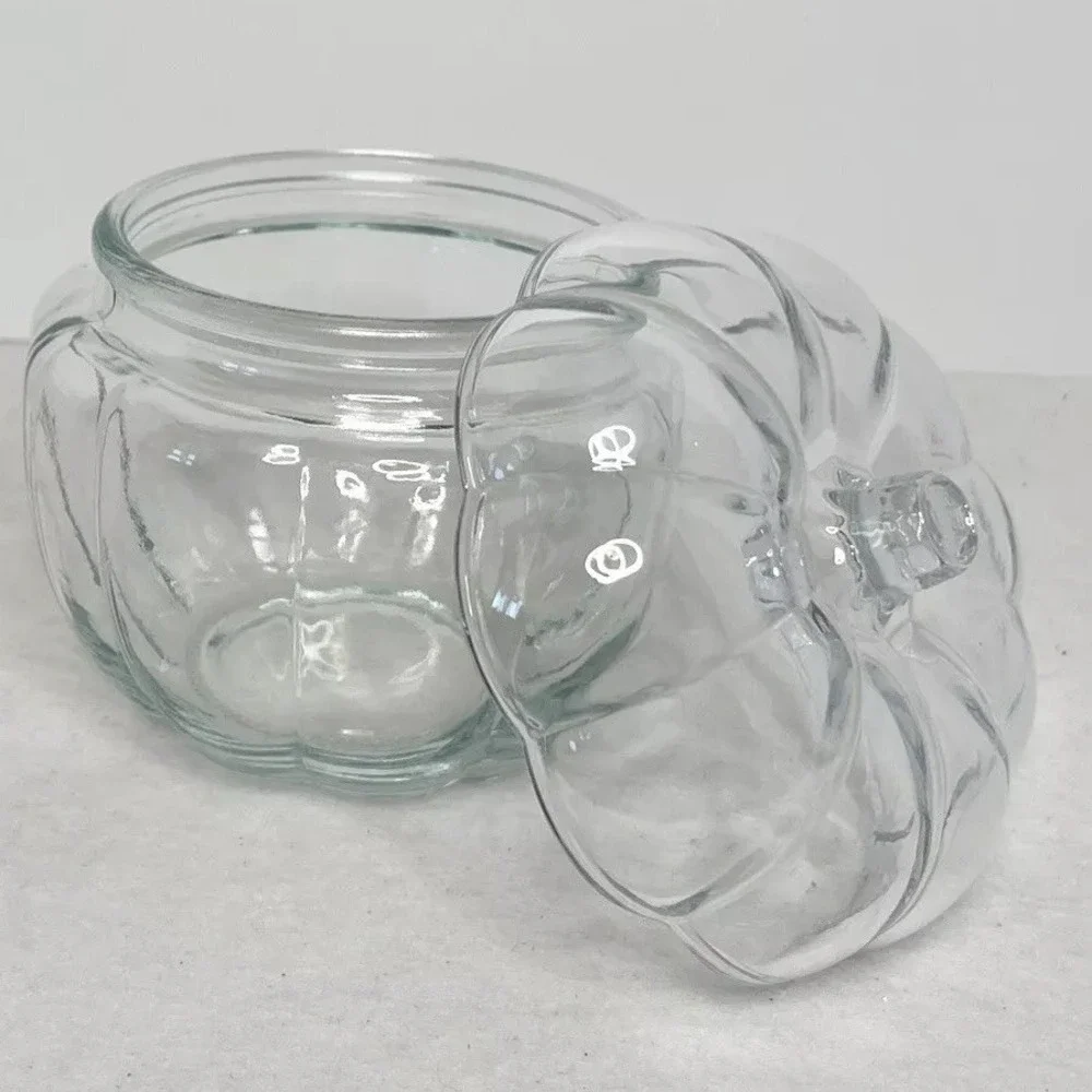 Clear Glass Pumpkin Shape Jar With Lid Candy Dish Trinket Bowl Autumn Fall Decor